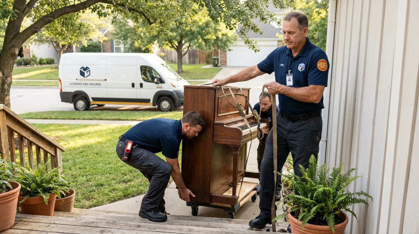 Licensed piano movers securing grand piano in Renton, WA