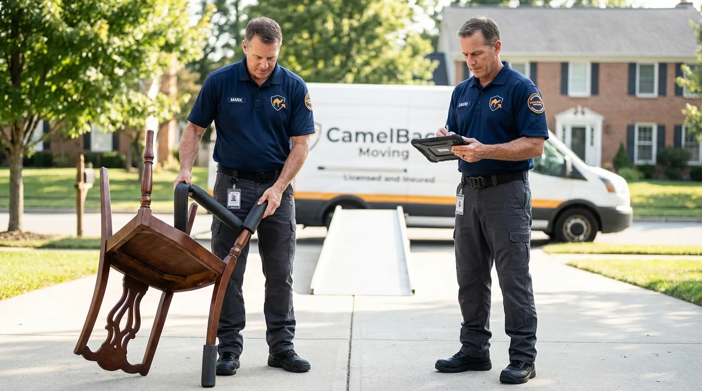 Movers inspecting furniture for damage prevention before loading in Renton, WA