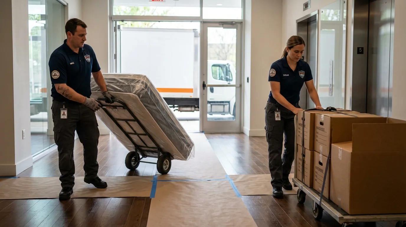 Professional apartment movers loading elevator in Renton, WA